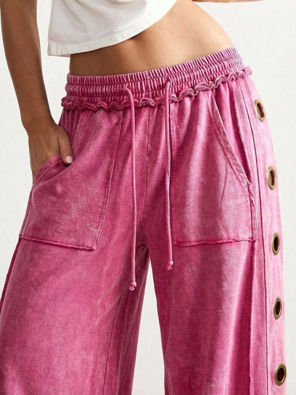 Hot Pink Casual Women's Knit Wide Leg Sweatpants - Picture 8 of 8